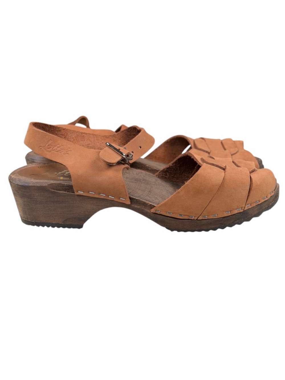 Lotta From Stockholm Peep Toe Wood Tan Brown Leather Sandals Clogs Sz 40